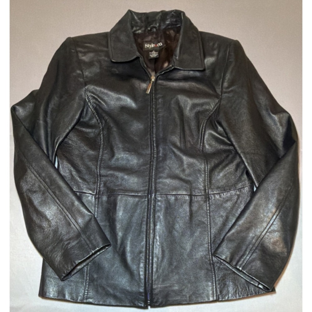 Style&co. Genuine Leather Jacket Women's M Black Collared Zip Up Moto WPL 8046